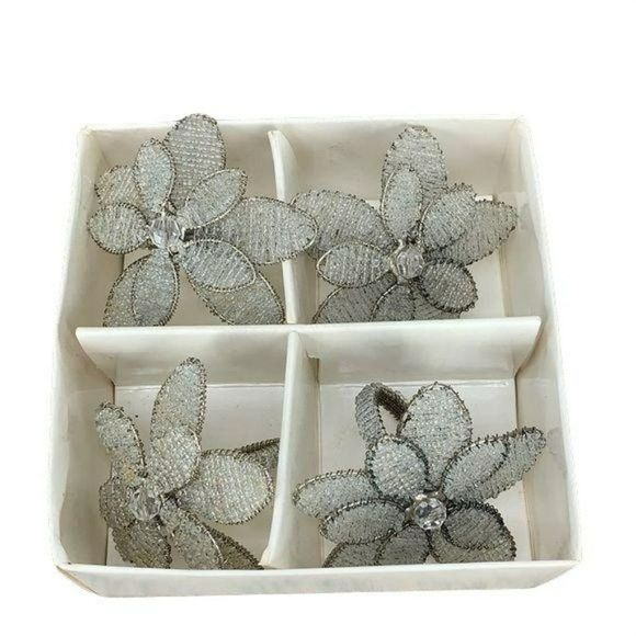 Beaded Clear Flower Napkin Rings set of 4 Crystal silver table scape - Picture 2 of 6